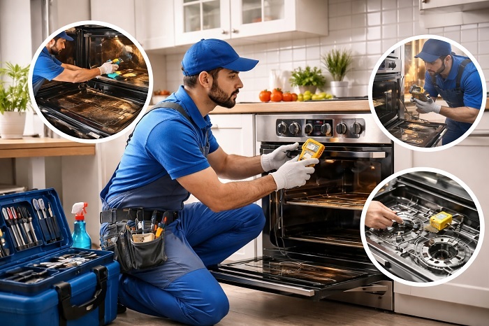 فني صيانة أفران محترف أثناء إصلاح فرن داخل مطبخ منزلي حديث